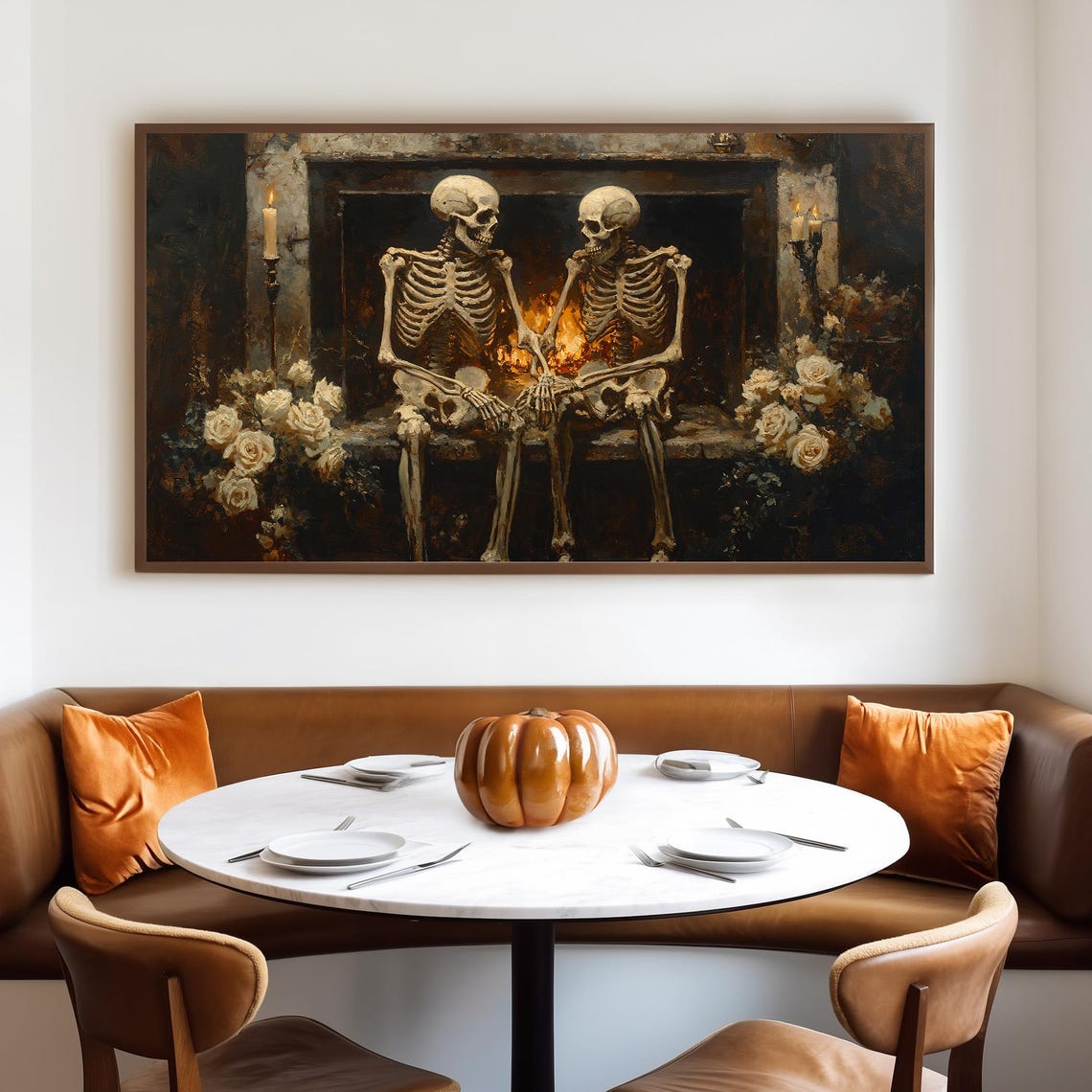 Skeleton Couple by Fireplace with White Roses Dark Academia Poster - Image 4