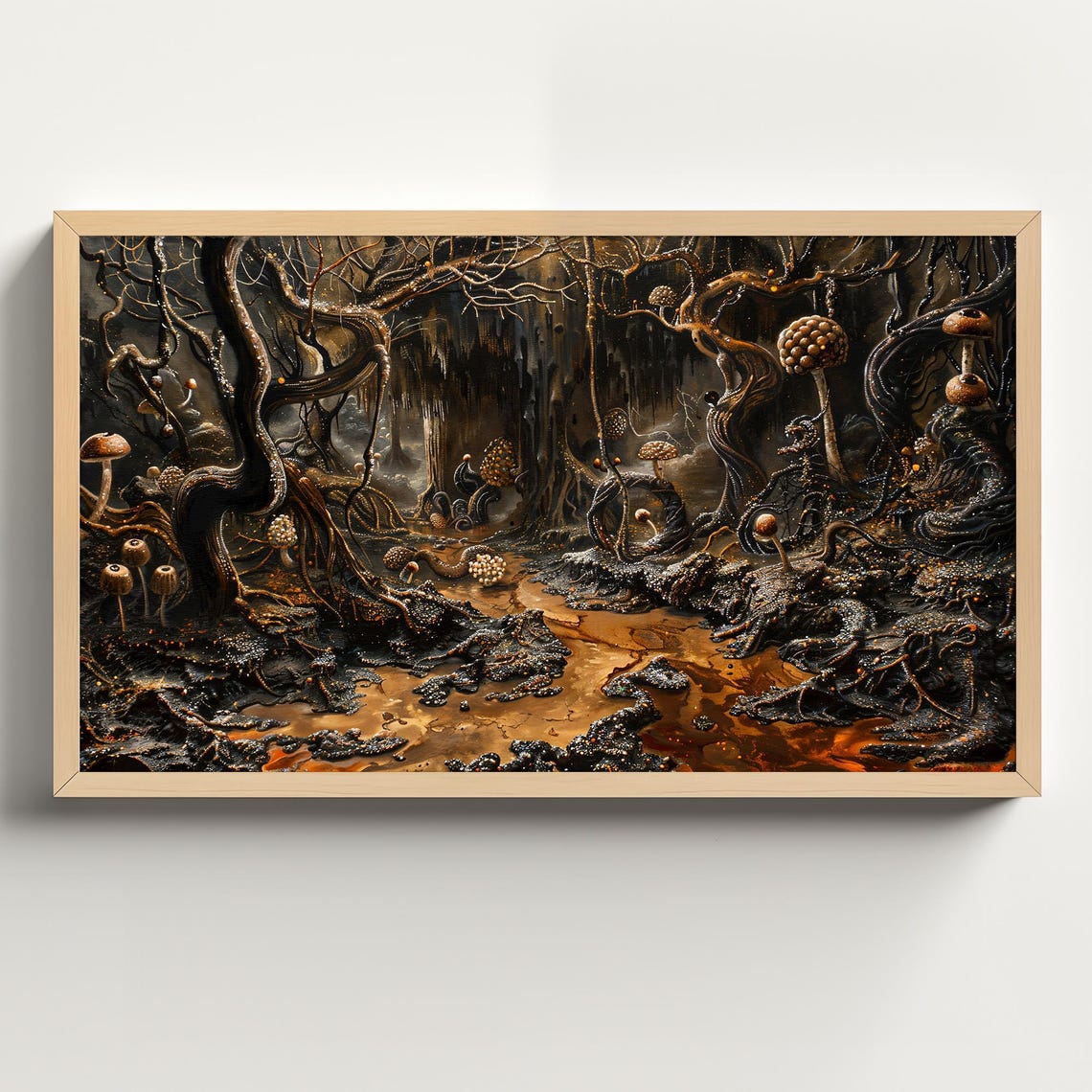 Dark Twisted Mushroom Forest with Gnarled Trees and Amber Moss Poster