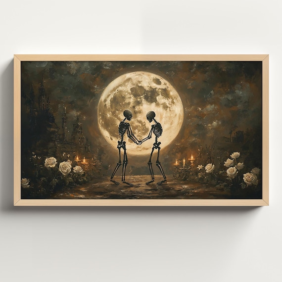 Two Skeletons Holding Hands Beneath a Full Moon Graveyard Poster