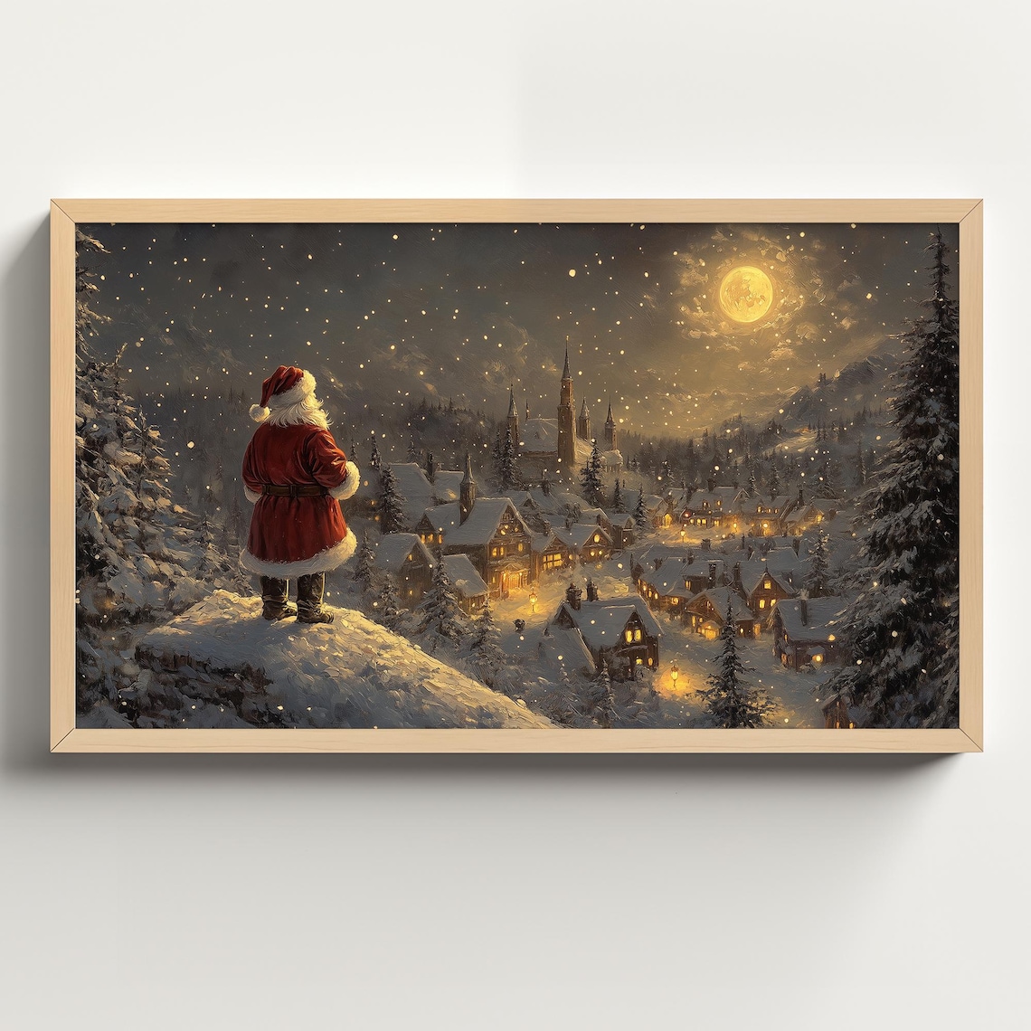 Vintage Santa Frame Art Print, Winter Village Night