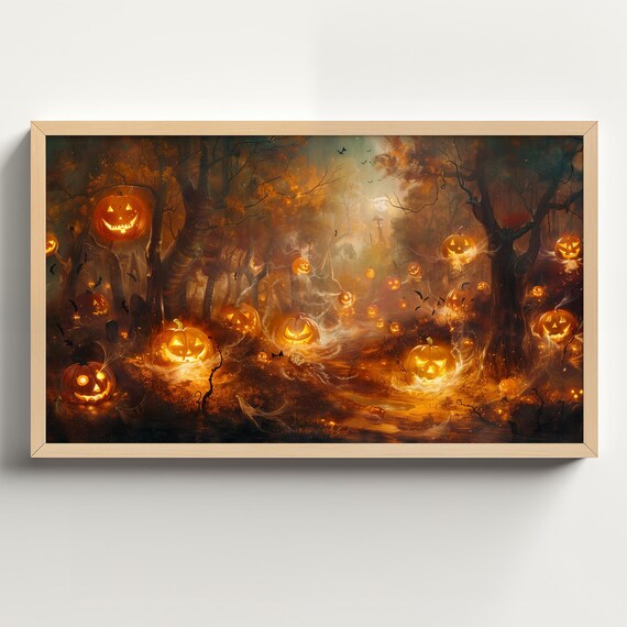 Haunted Forest Path Glowing With Dozens of Jack O Lanterns Poster