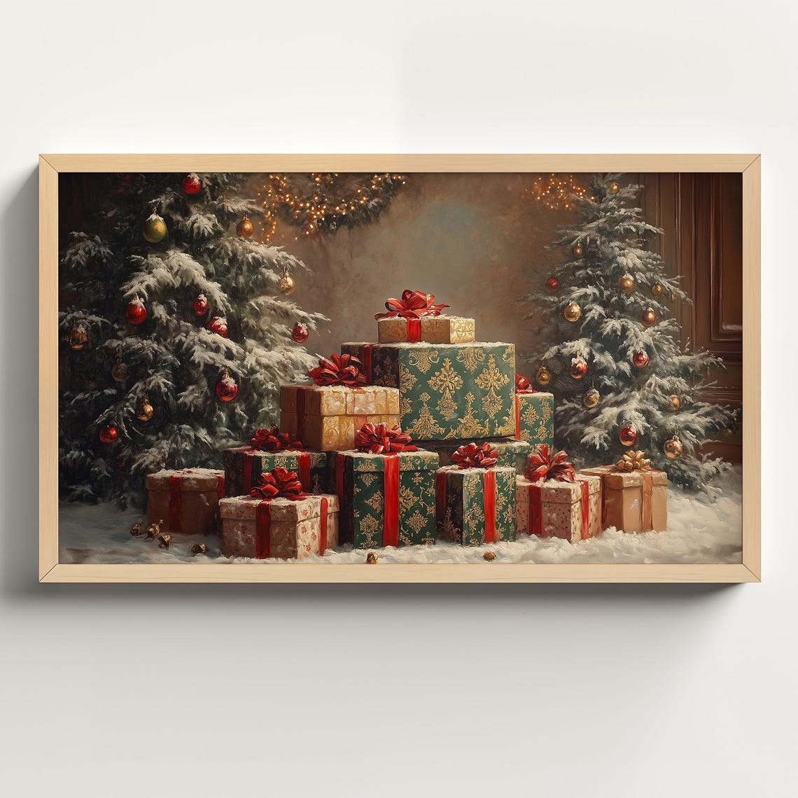 Red And Green Wrapped Christmas Presents Between Snowy Trees Poster