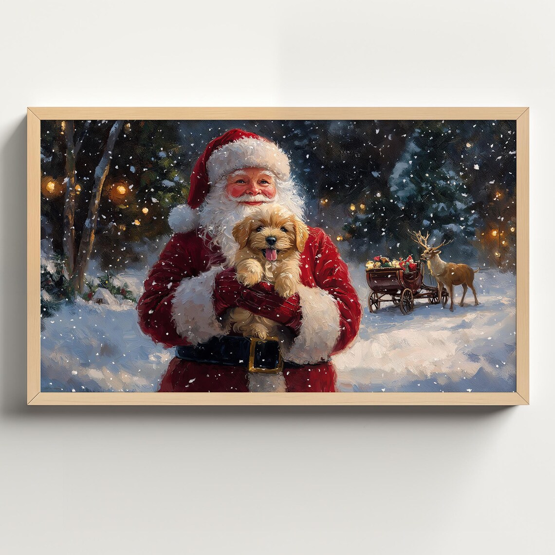 Santa Holding Puppy Dog Christmas, Vintage Holiday Art Print
