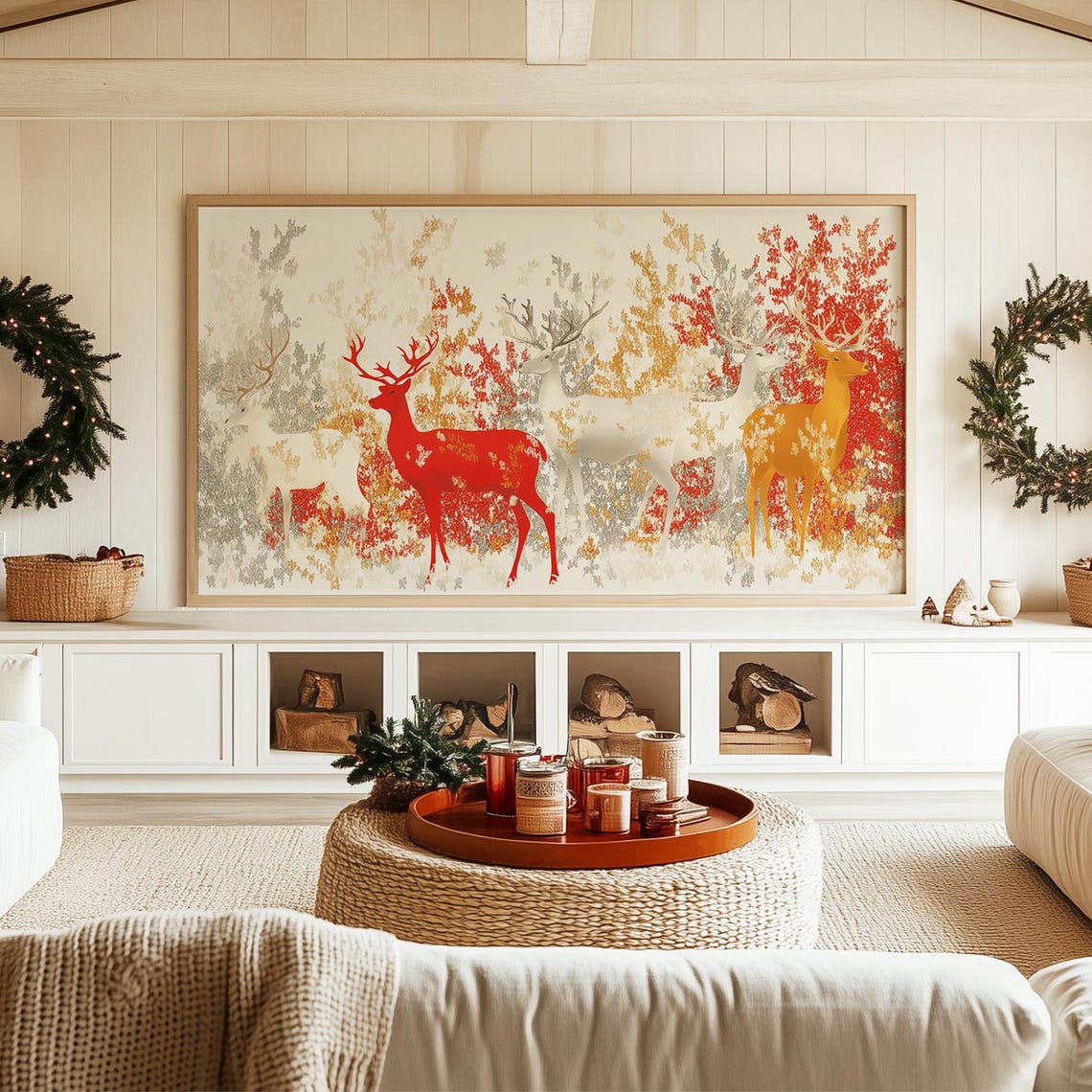 Stylized Red Stags Among Autumn Foliage Abstract Nature Art Poster - Image 3