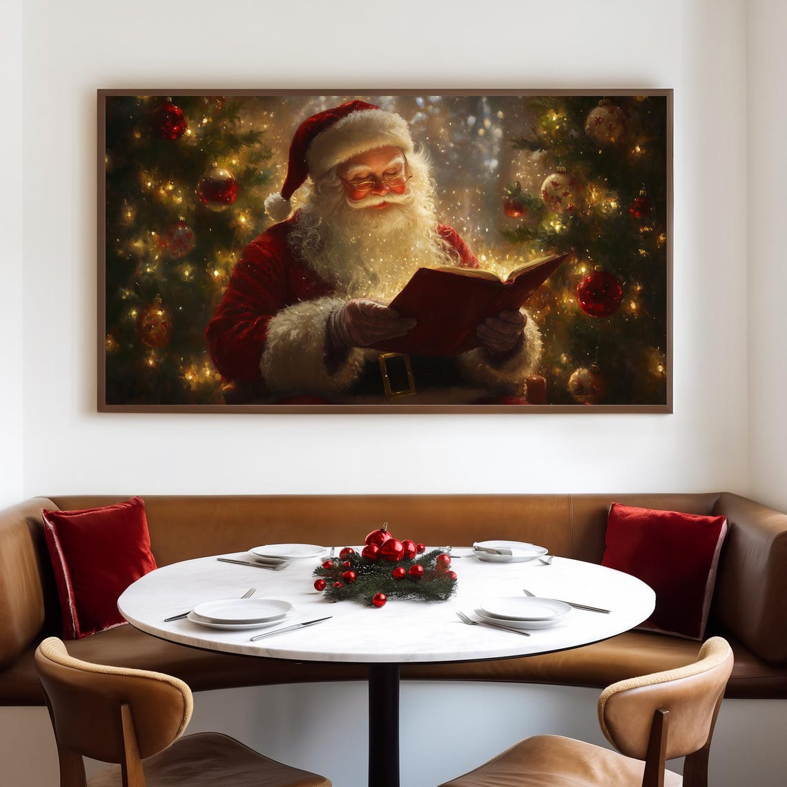 Jolly Santa Reading a Book Before a Red and Gold Christmas Tree Poster - Image 3