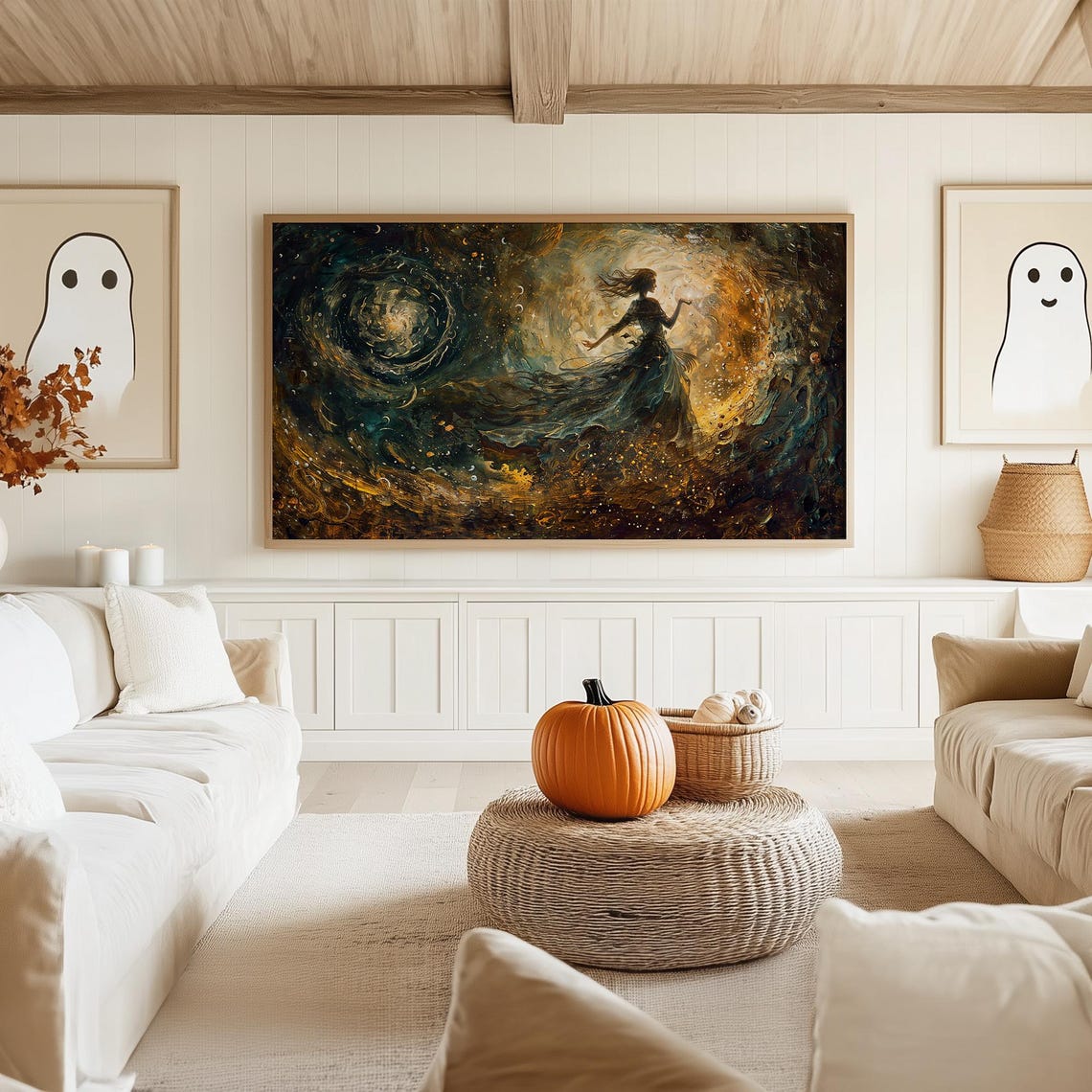 Celestial Witch Among Swirling Gold and Teal Starry Cosmos Poster - Image 5