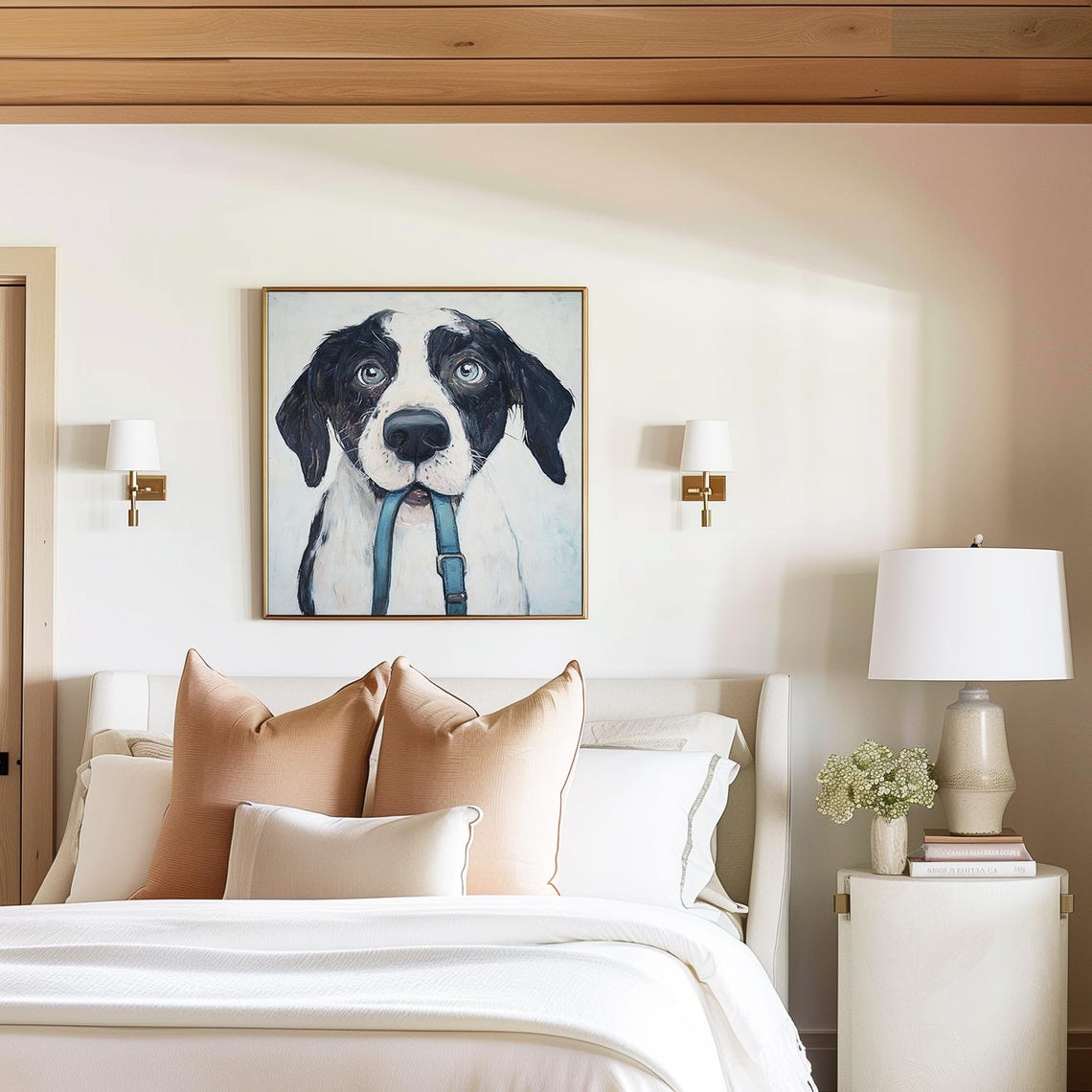 Expressive Dog Holding Blue Leash in Mouth Cute Pet Portrait Poster - Image 2