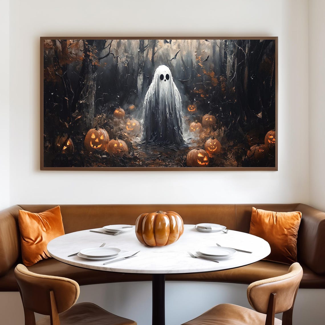 Sheet Ghost Standing in a Dark Forest Surrounded by Pumpkins Poster - Image 4