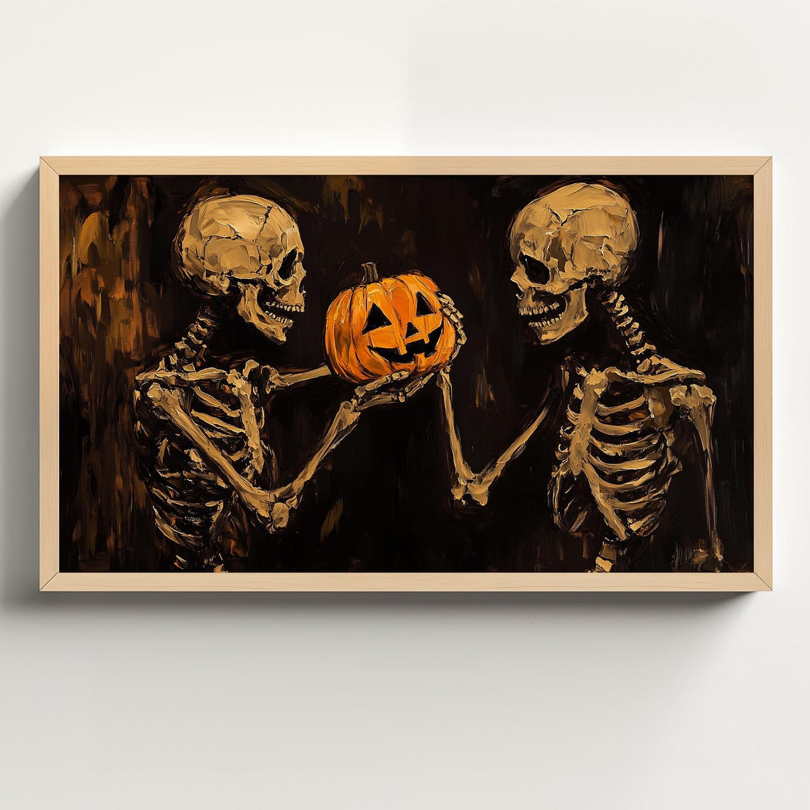 Two Skeletons Presenting a Glowing Jack O Lantern Together Poster