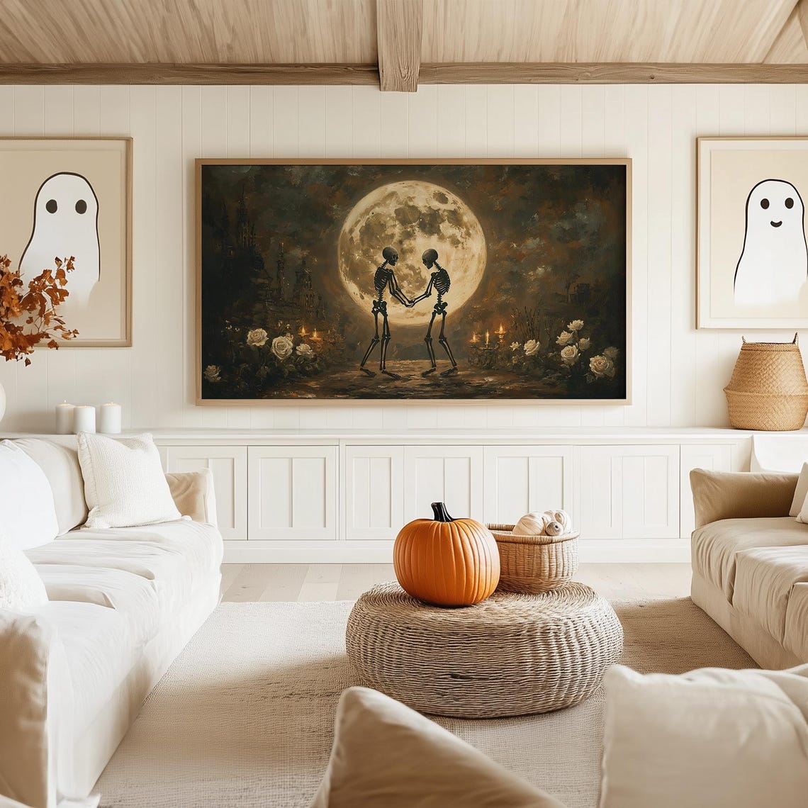 Two Skeletons Holding Hands Beneath a Full Moon Graveyard Poster - Image 5
