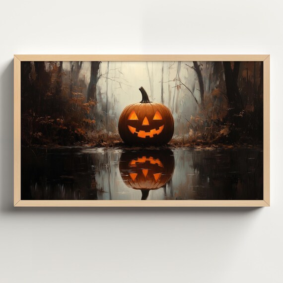 Single Jack O Lantern Reflected in Dark Still Woodland Water Poster