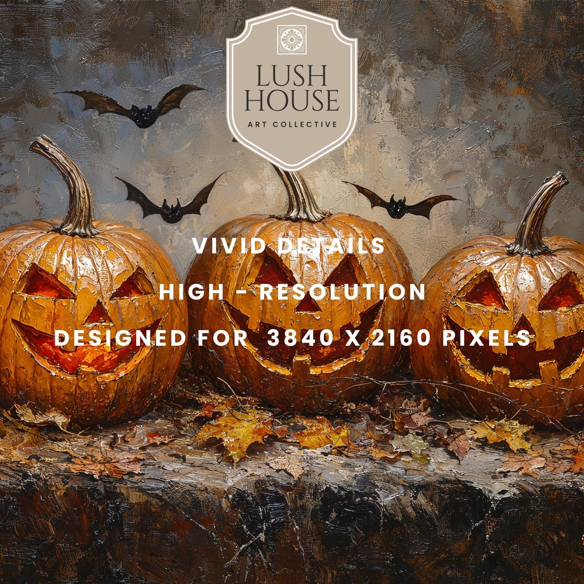 Three Grinning Jack O Lanterns With Bats Vintage Style Oil Poster - Image 3