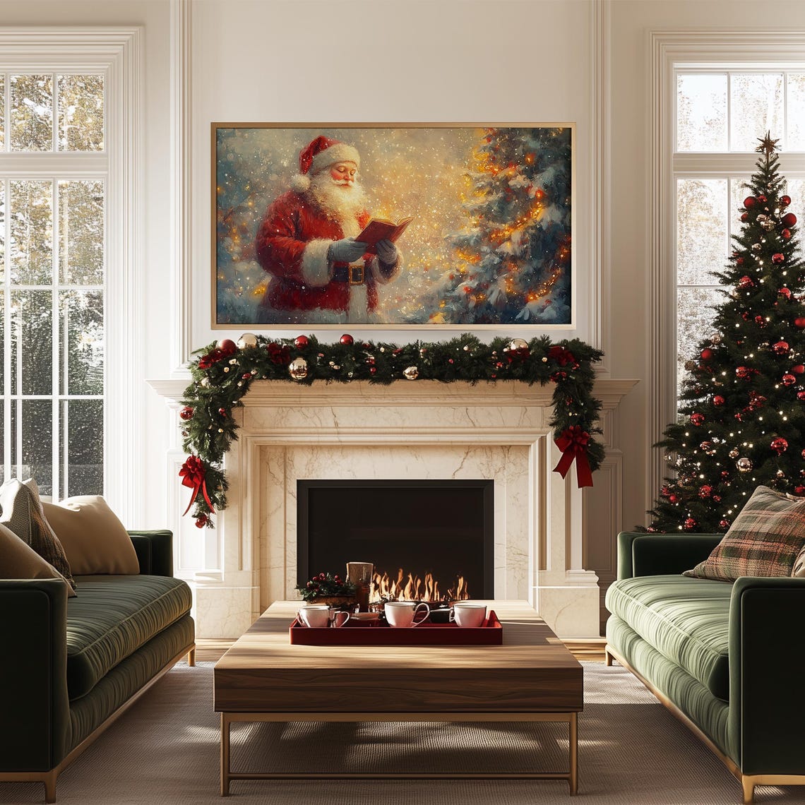 Santa Reading a Glowing Book Beside a Snowy Lit Christmas Tree Poster - Image 5