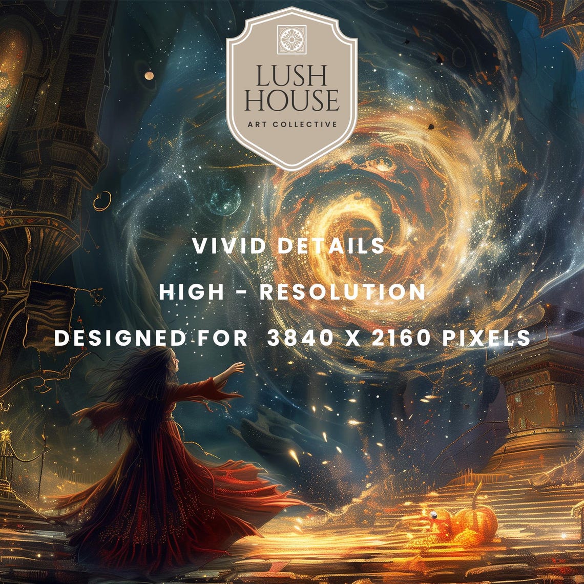 Witch Casting a Spell Beneath a Swirling Golden Galaxy Night Poster - Image 3