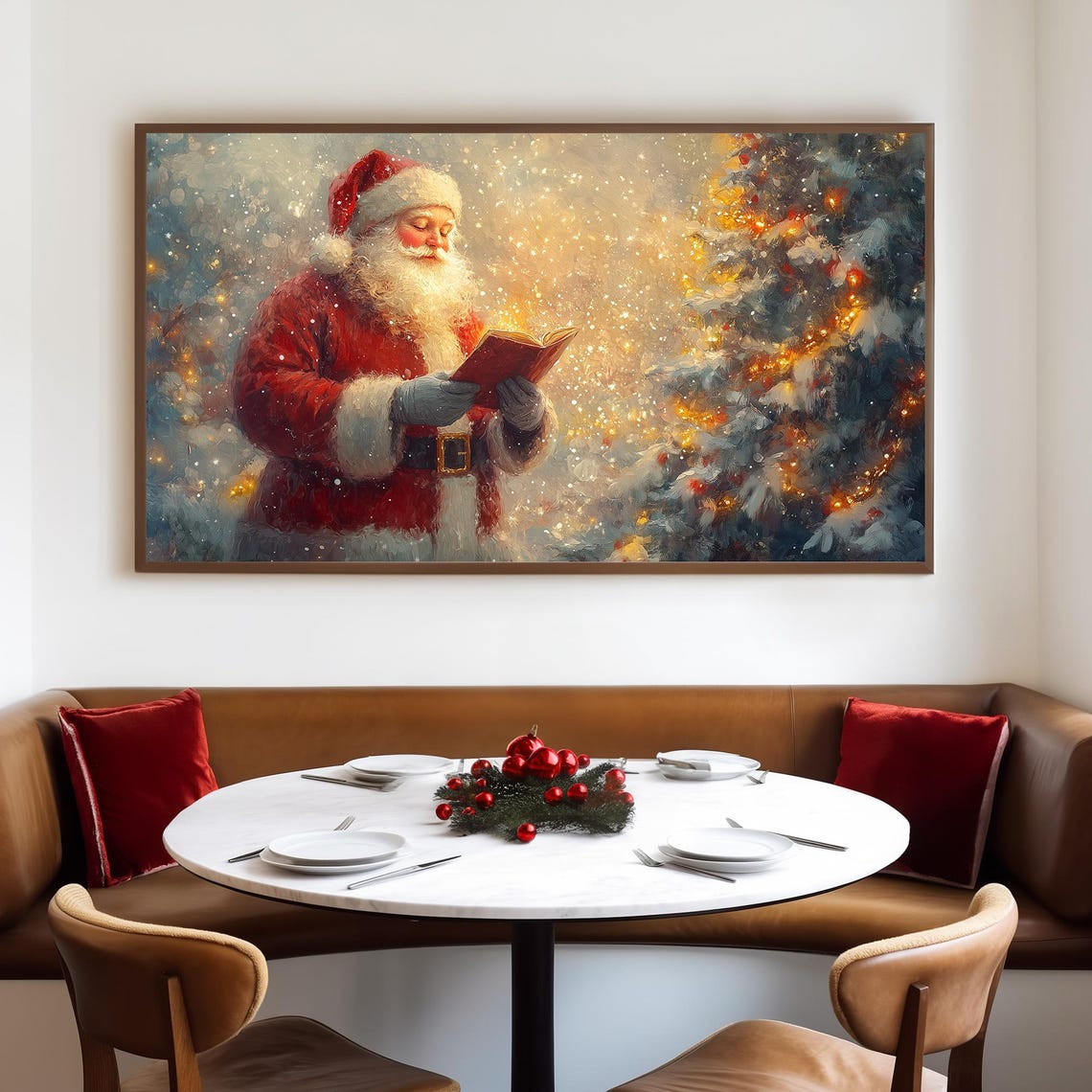 Santa Reading a Glowing Book Beside a Snowy Lit Christmas Tree Poster - Image 4