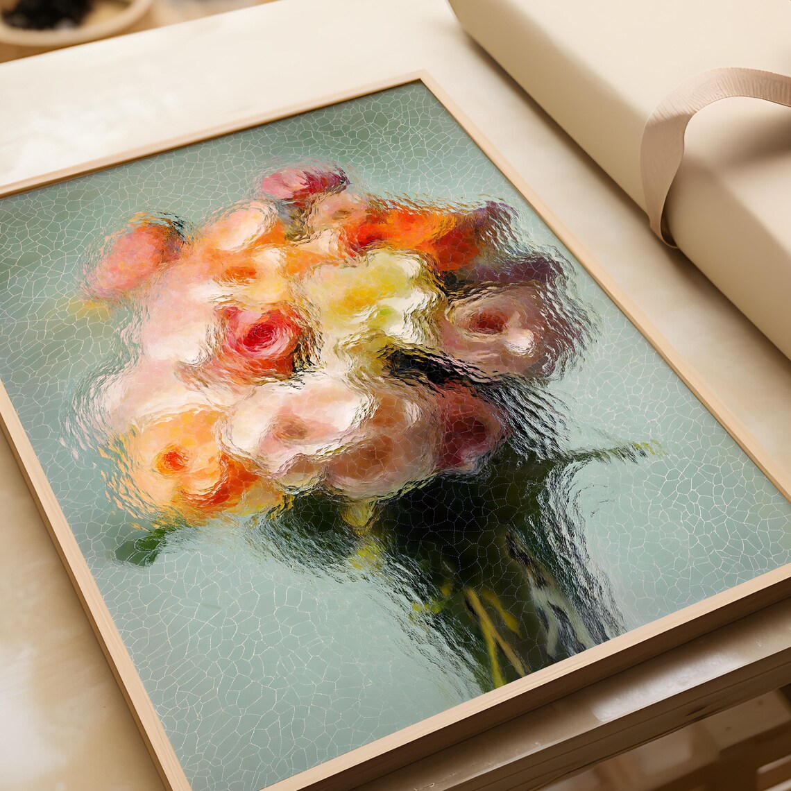 Roses Behind Textured Glass Pink Orange Bouquet Modern Art Poster - Image 4