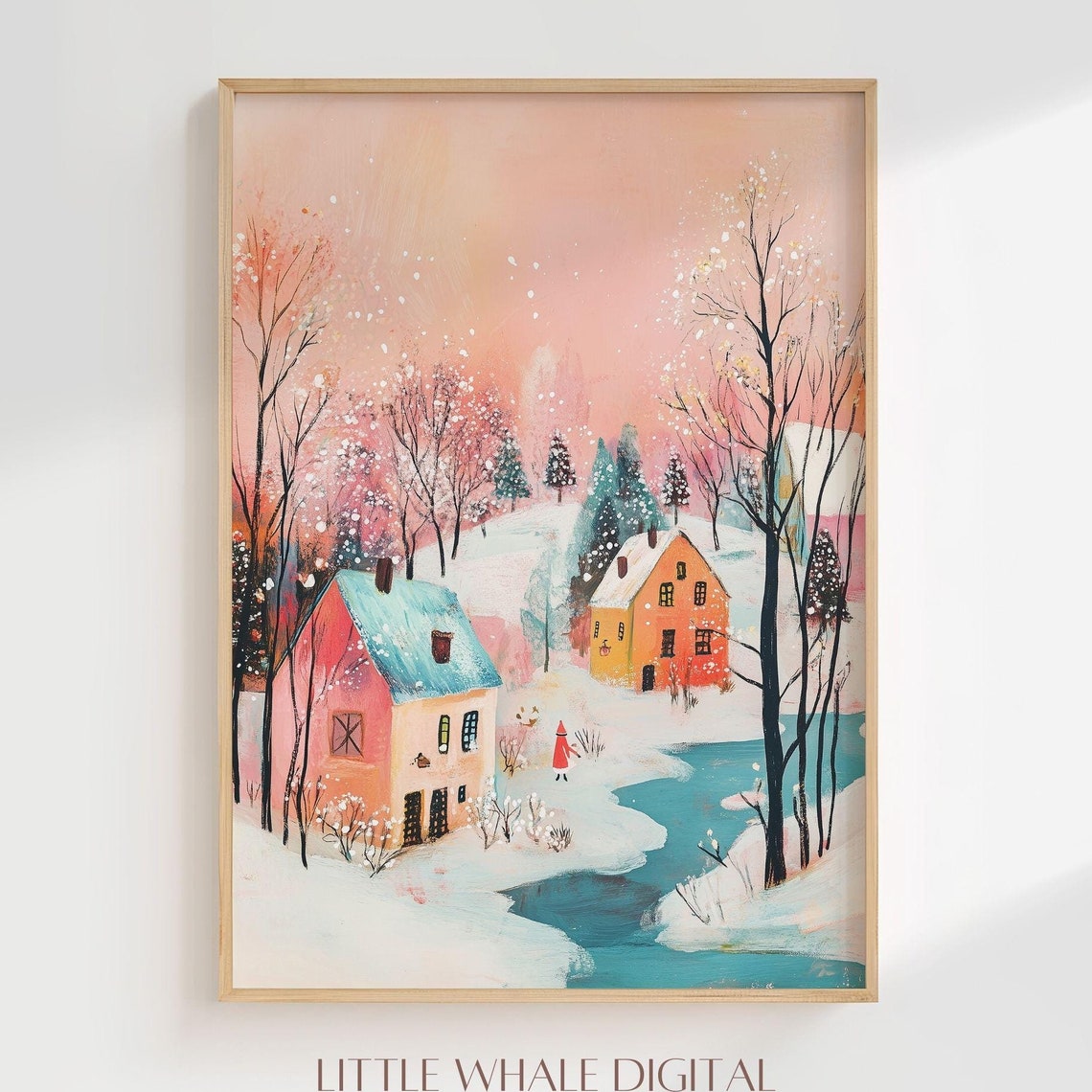 Dreamy Snowy Winter Village With Pink Sky And Frozen Creek Poster - Image 3