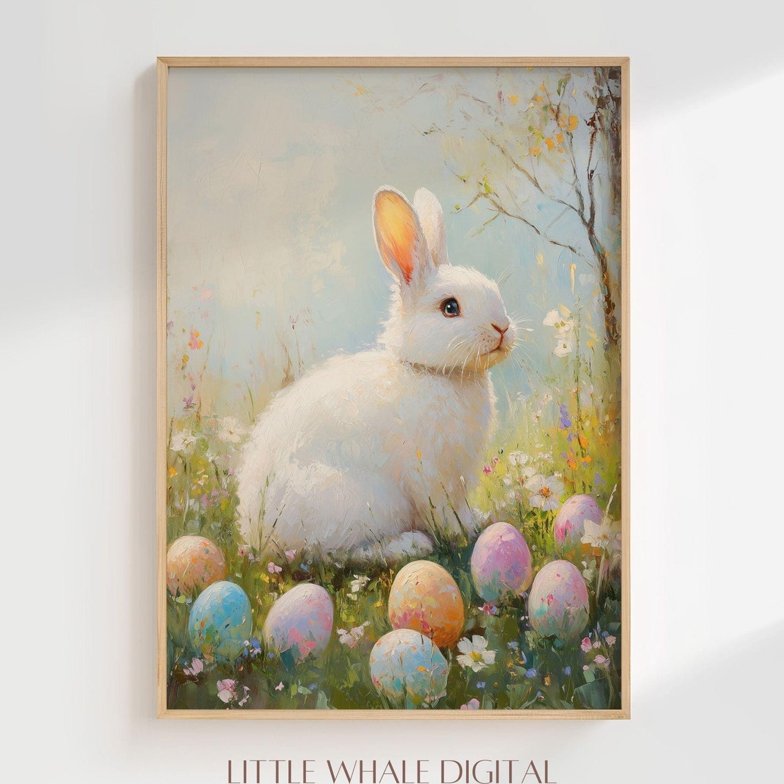 White Easter Bunny Among Painted Eggs In A Spring Garden Poster - Image 3