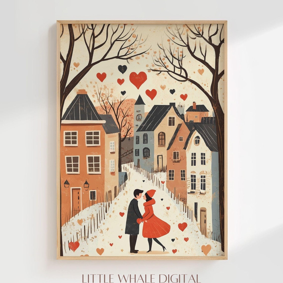 Embracing Couple Above Town Falling Hearts Autumn Romance Poster - Image 3