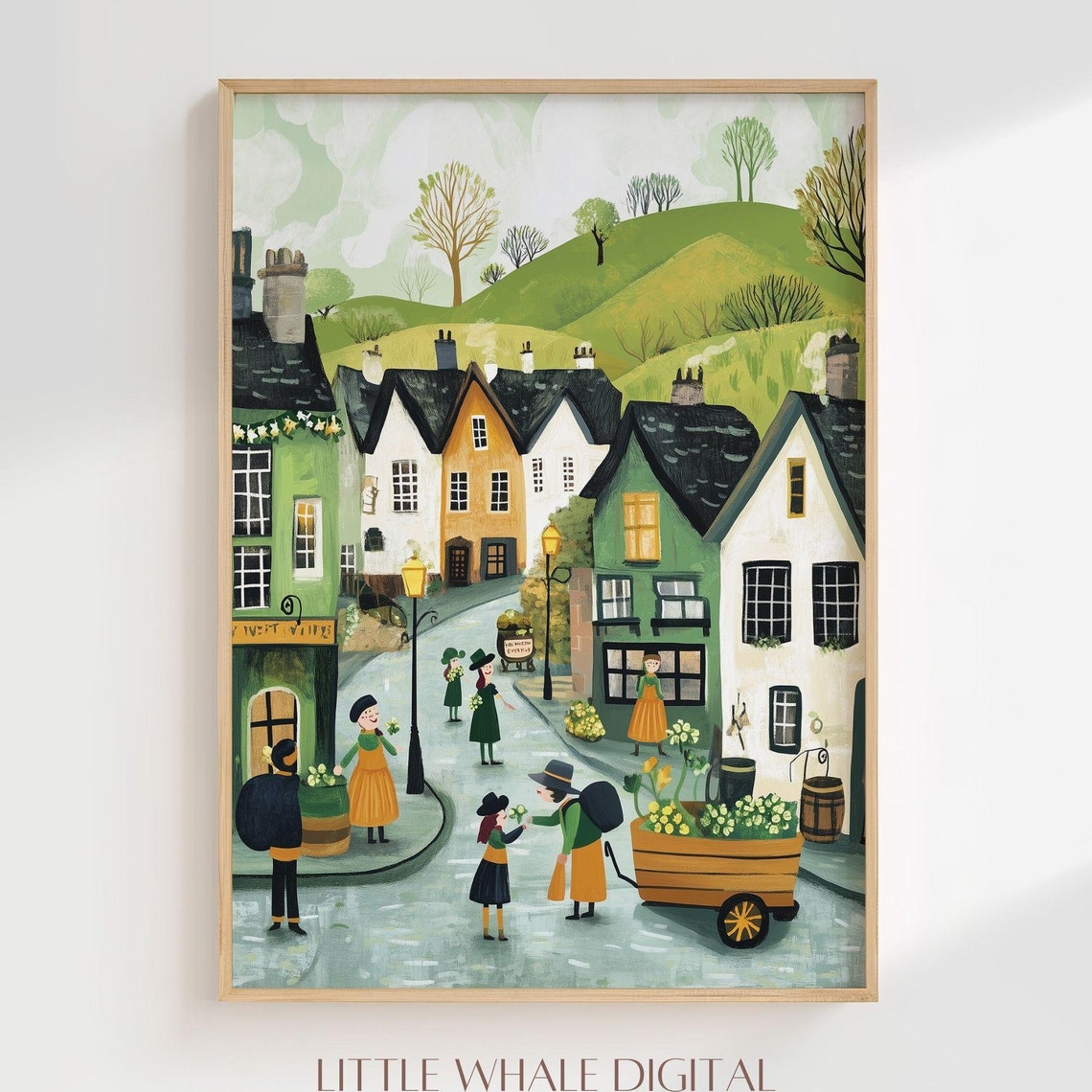 St Patrick's Town Street Flower Cart Green Hills Scene Poster