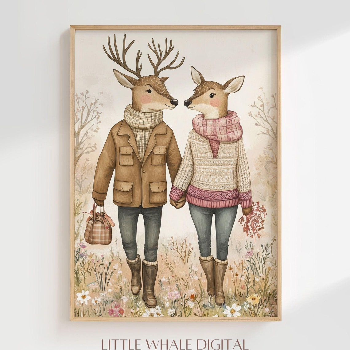 Sweet Deer Couple In Cozy Fall Outfits Whimsical Animal Poster