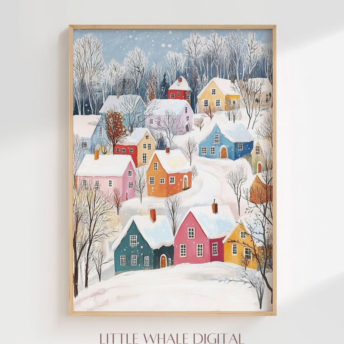 Cozy Pastel Snowy Village Colorful Houses Winter Hillside Poster - Image 3