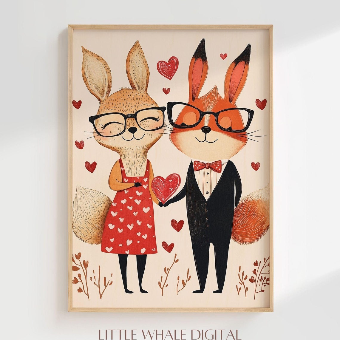 Cute Fox Rabbit Animal Couple Glasses Valentine Sweetheart Poster