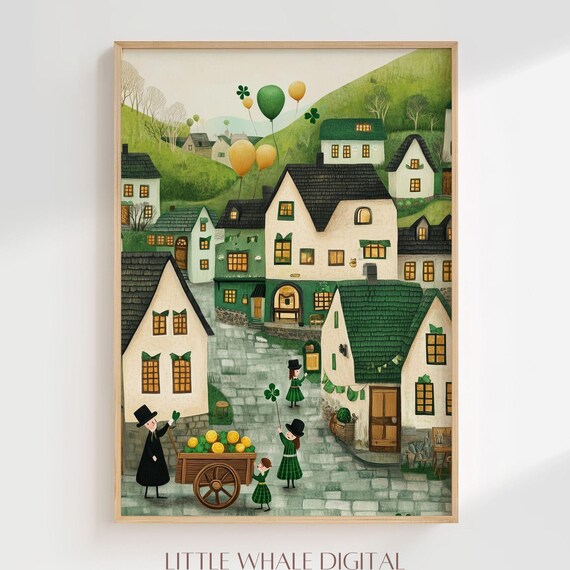 St Patrick's Green Village Street Shamrocks Gold Coins Scene Poster