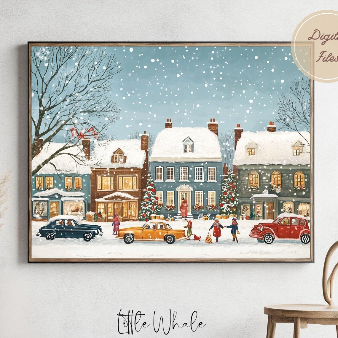Vintage Snowy Street with Old Cars Row Houses and Gift Shoppers Poster