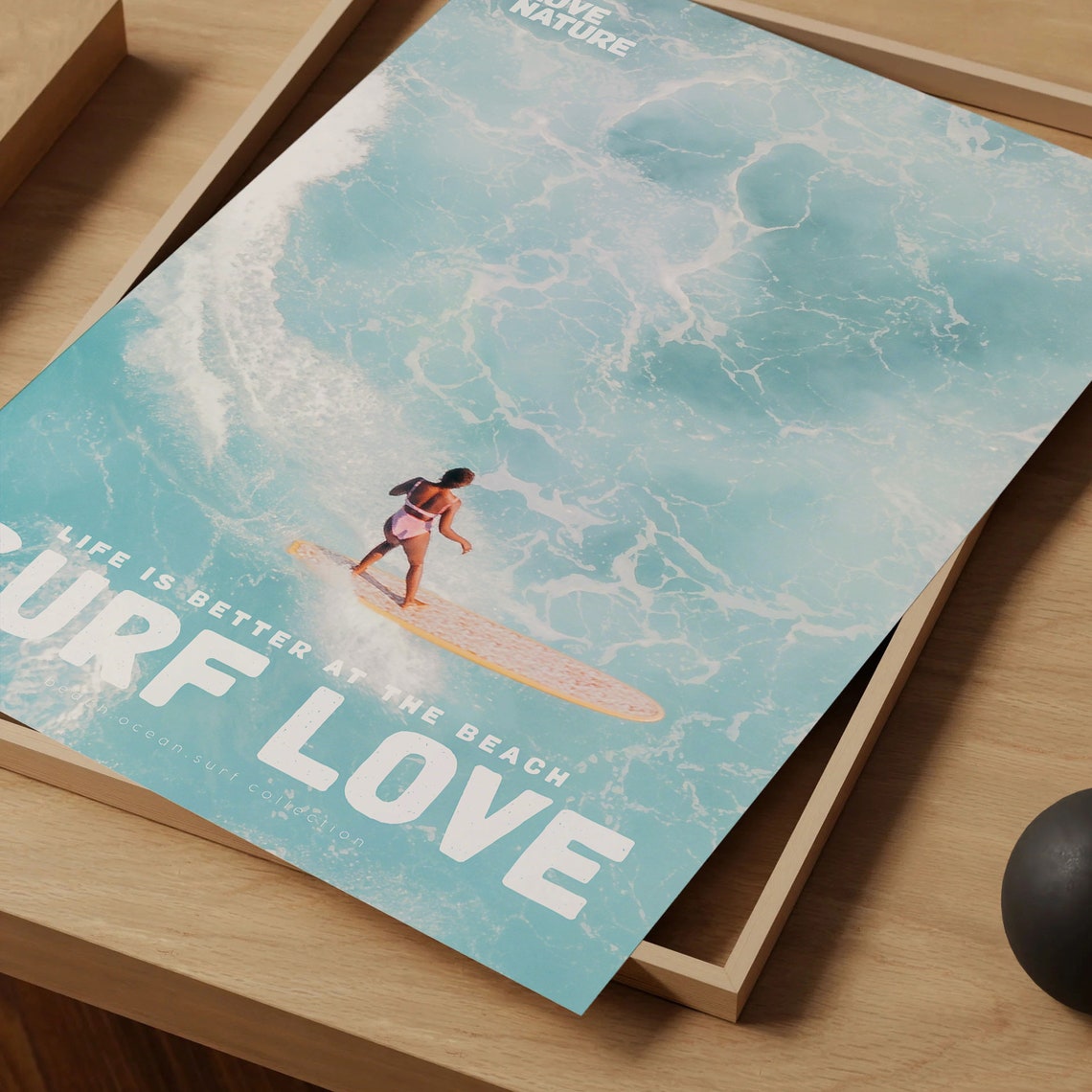 Surf Love Aerial Woman Surfer On Longboard Turquoise Ocean Poster - Image 4