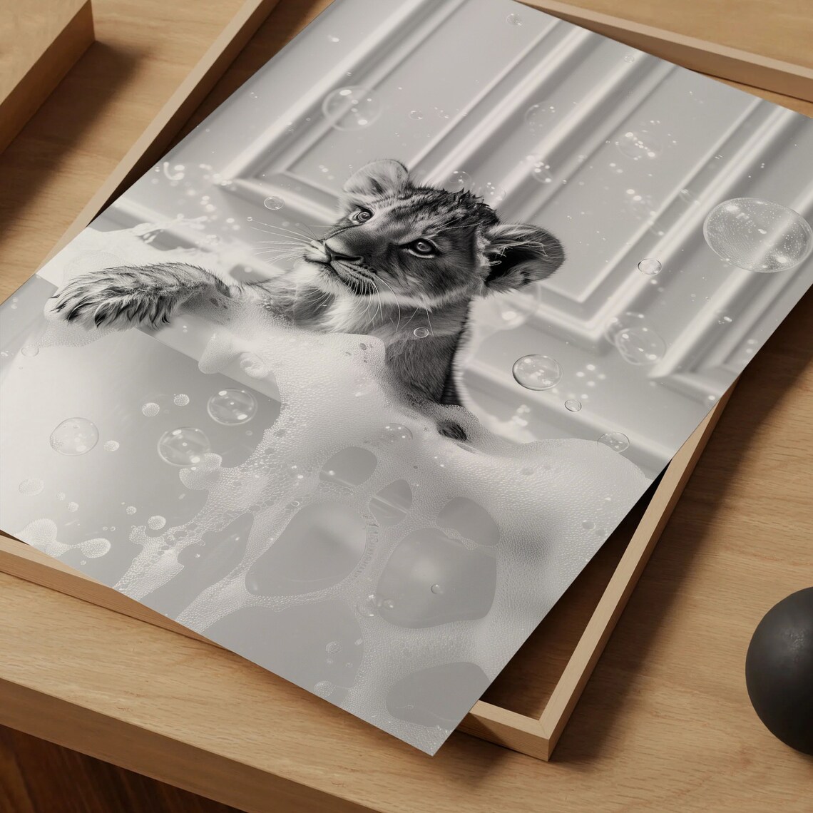 Baby Lion Cub Bubble Bath Tub Black and White Animal Nursery Art Poster - Image 5