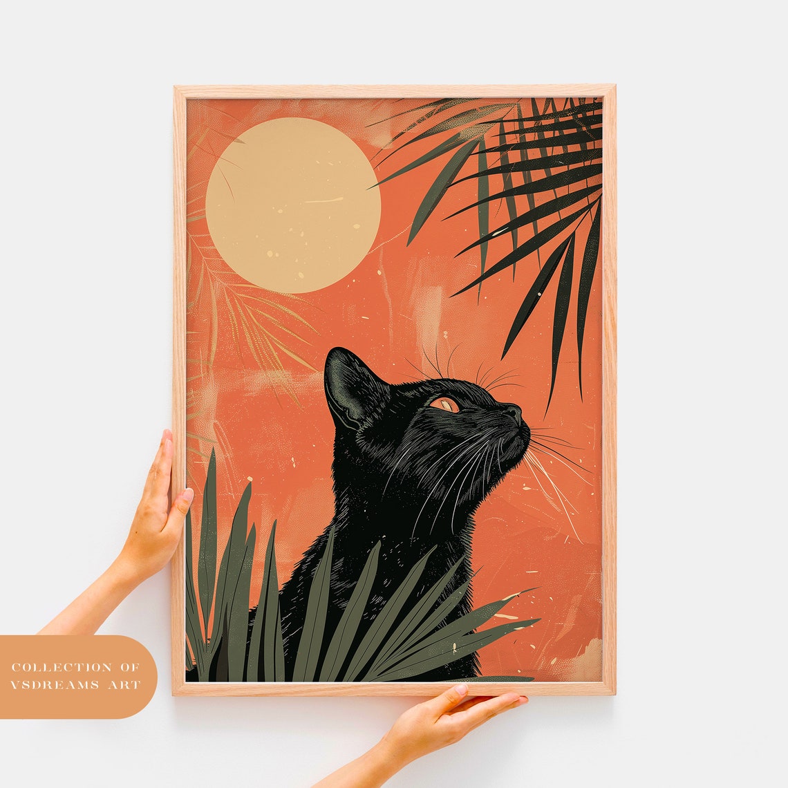 Black Cat With Terracotta Sun Palm Fronds Modern Cat Wall Art