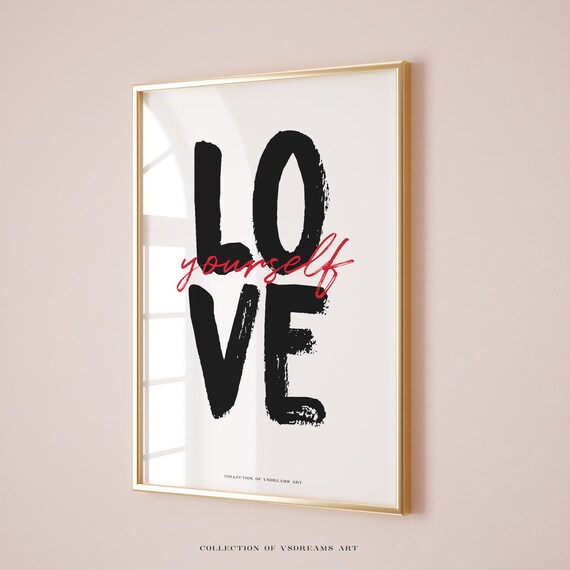 Love Yourself Black Brush Letters Red Script Affirmation Quote Poster