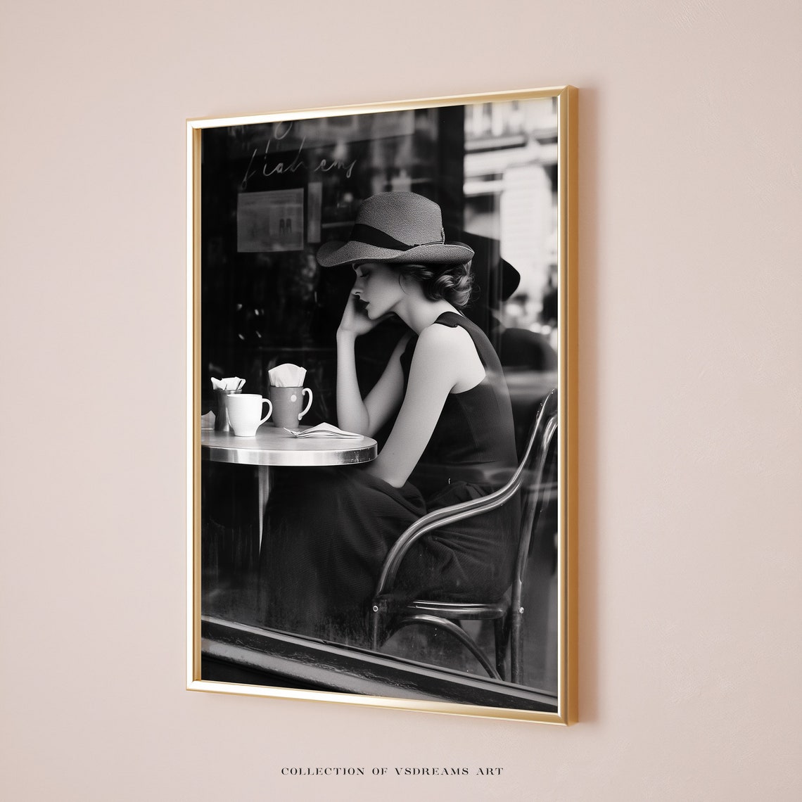 Black and White Photo Woman in Hat at French Cafe Table Poster
