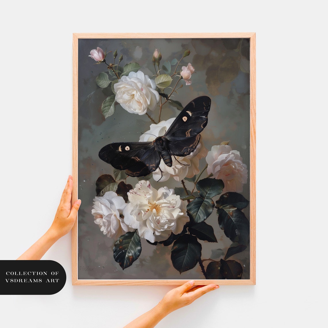 Black Moth White Roses Dark Floral Gothic Botanical Insect Poster - Image 2