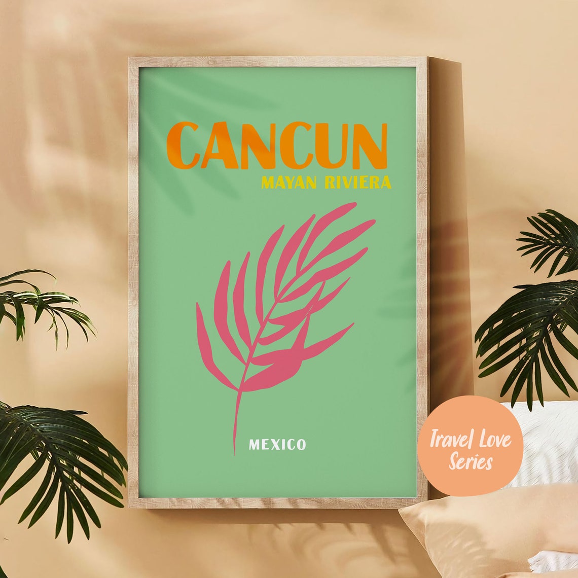 Cancun Mayan Riviera Mexico Pink Palm Leaf Tropical Travel Art Poster - Image 4