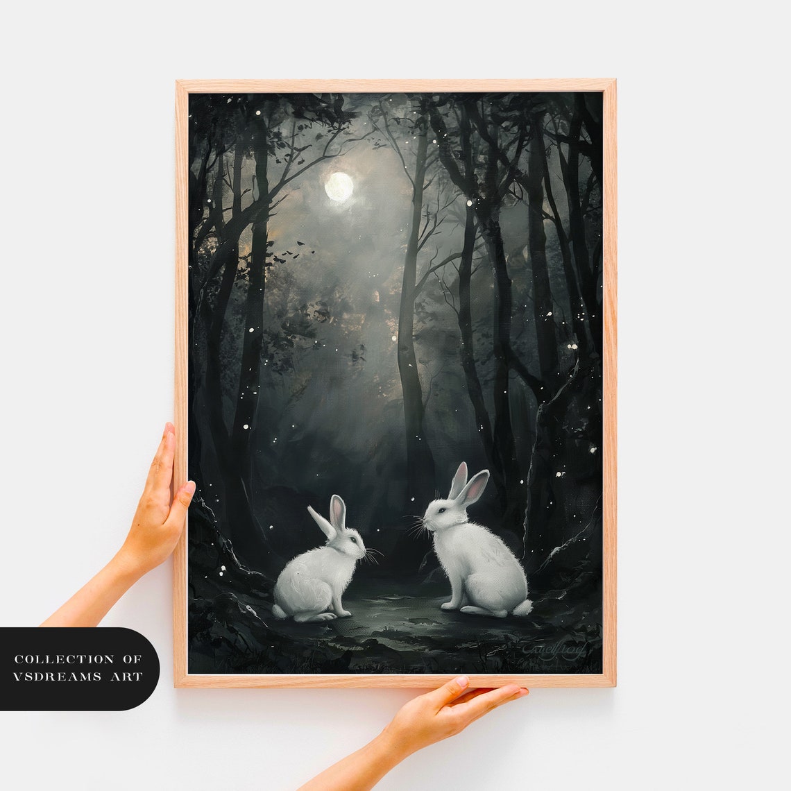 White Rabbits Moonlit Forest Dark Woodland Full Moon Painting Poster - Image 3