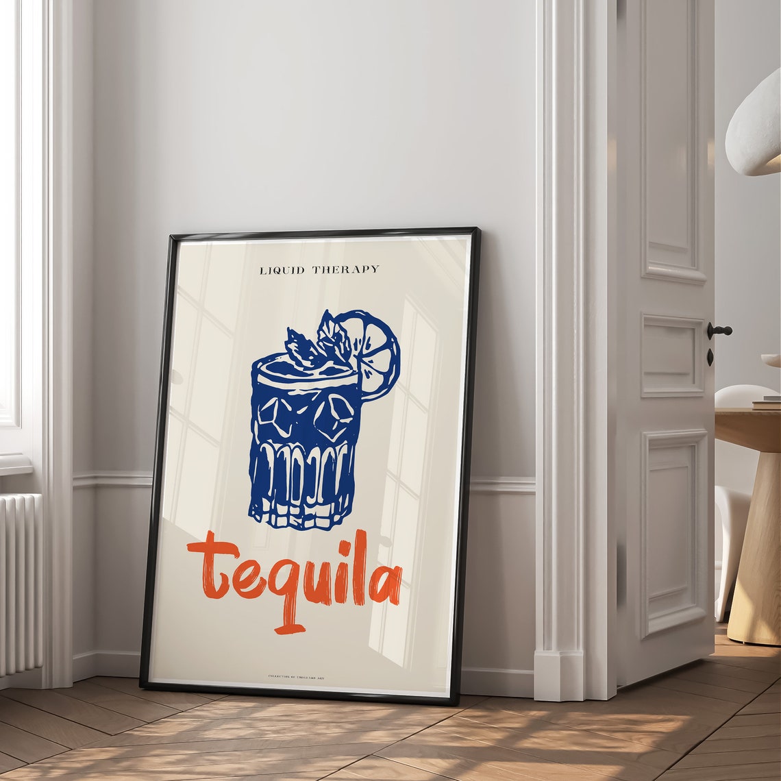 Liquid Therapy Tequila Retro Blue Cocktail Glass Orange Script Poster - Image 2