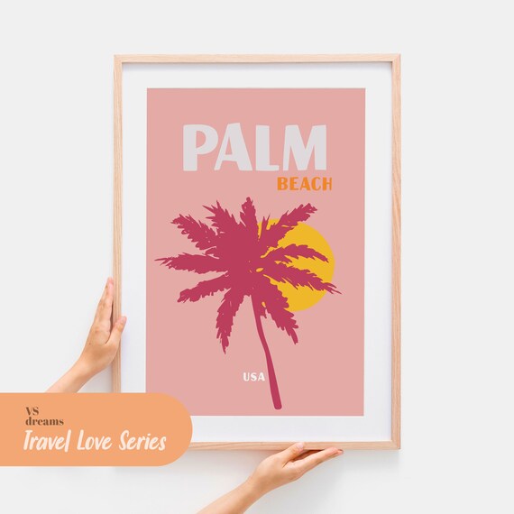Palm Beach USA Pink Sunset Palm Tree Silhouette Coastal Art Poster