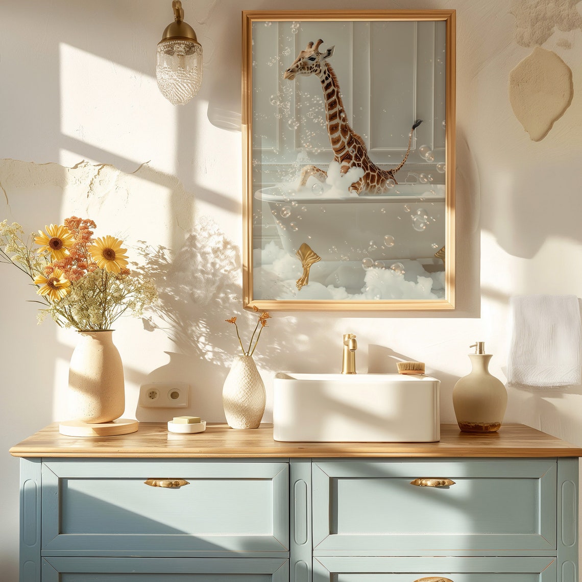 Funny Giraffe Splashing in Colorful Bubble Bath Bathroom Poster - Image 2