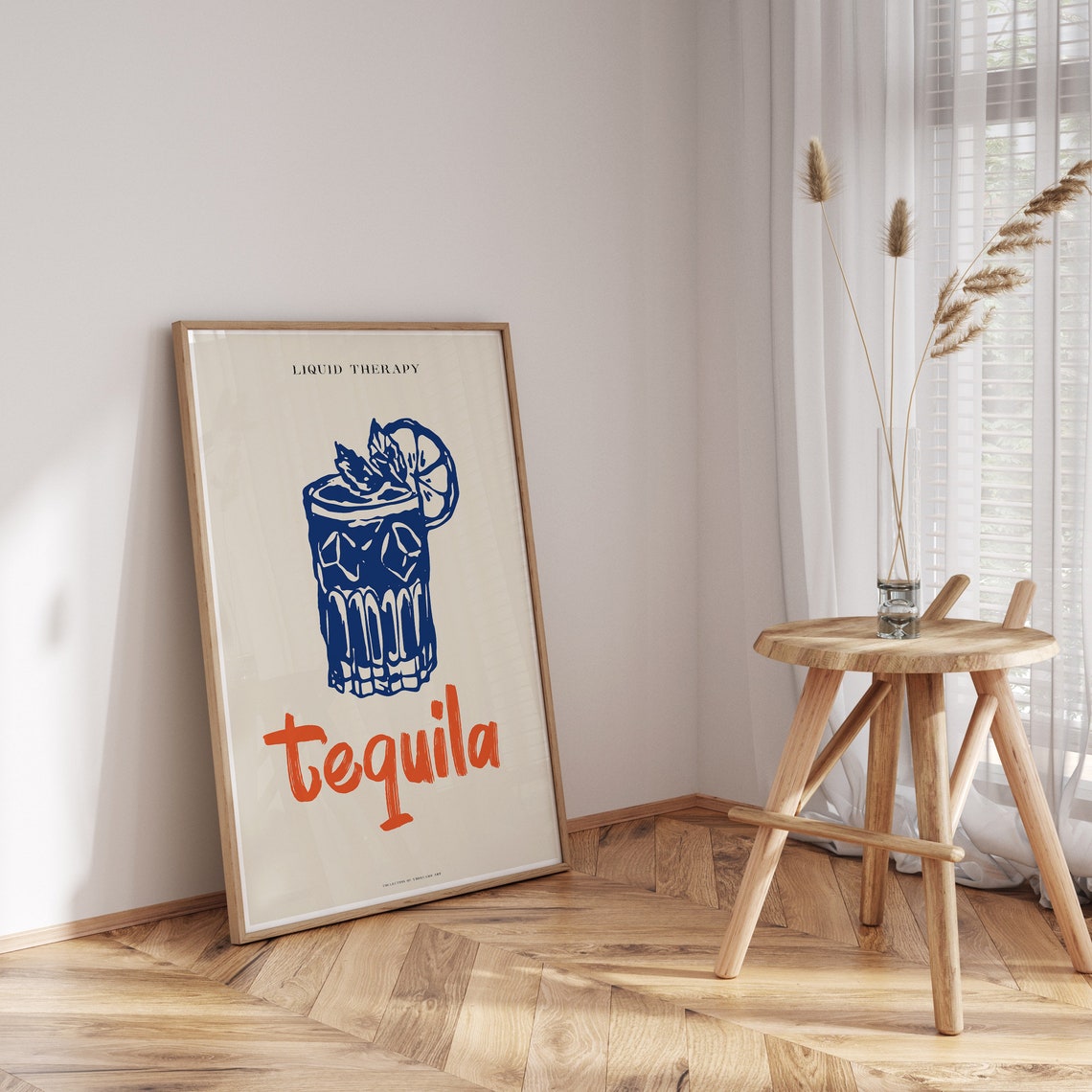 Liquid Therapy Tequila Retro Blue Cocktail Glass Orange Script Poster - Image 3