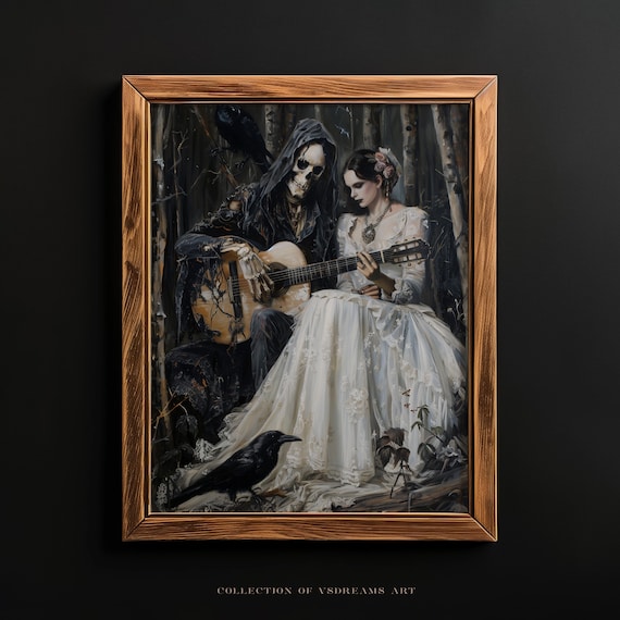 Skeleton Guitar Serenade White Gown Gothic Dark Forest Poster