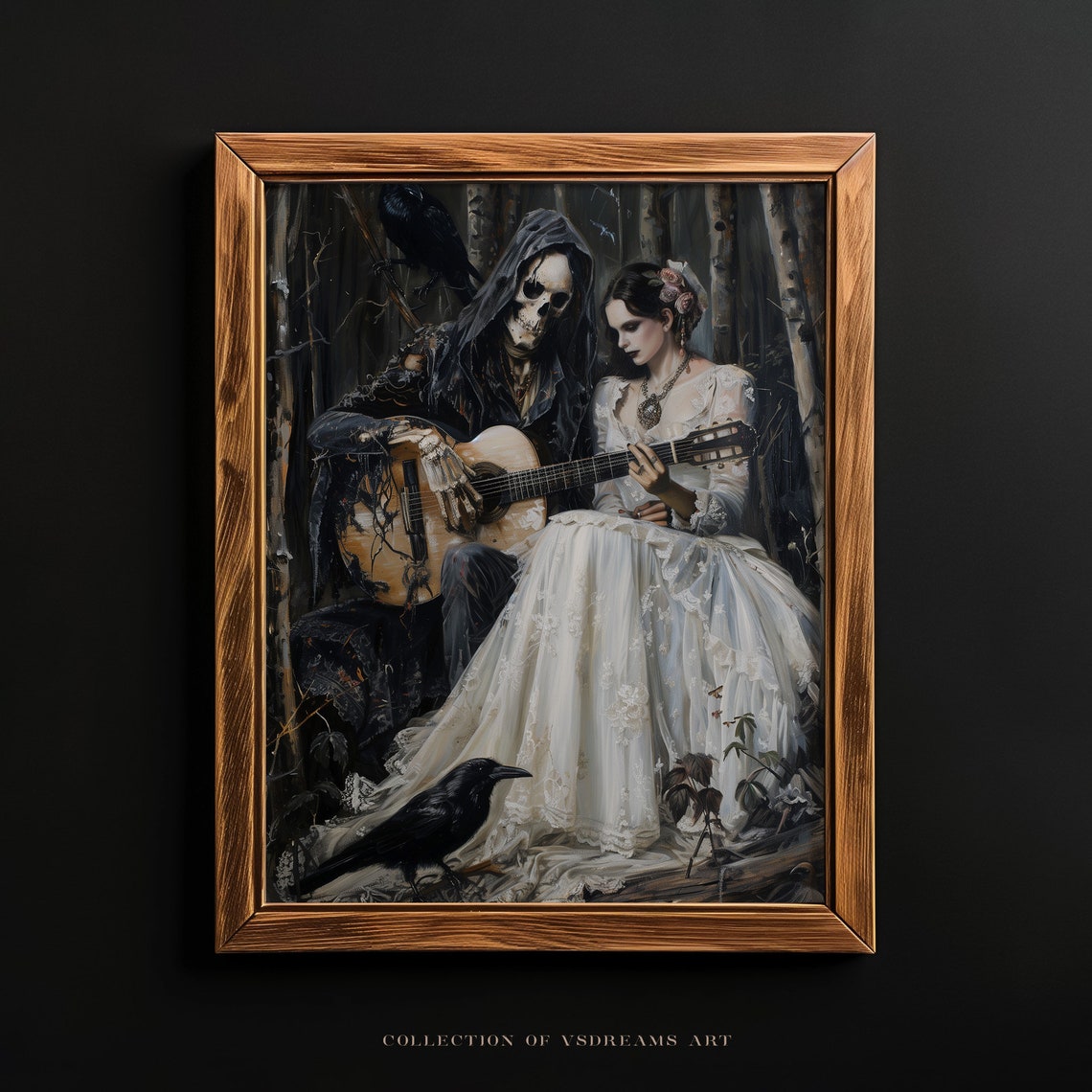 Skeleton Guitar Serenade White Gown Gothic Dark Forest Poster