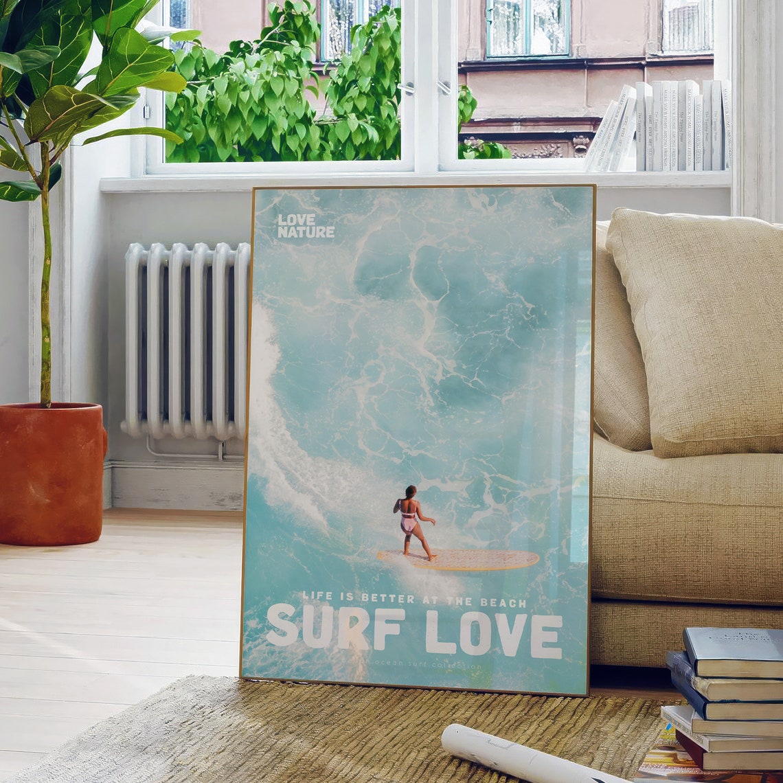 Surf Love Aerial Woman Surfer On Longboard Turquoise Ocean Poster - Image 5