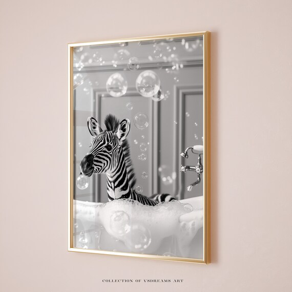Funny Zebra In A Bathtub With Bubbles Black And White Animal Photo Poster