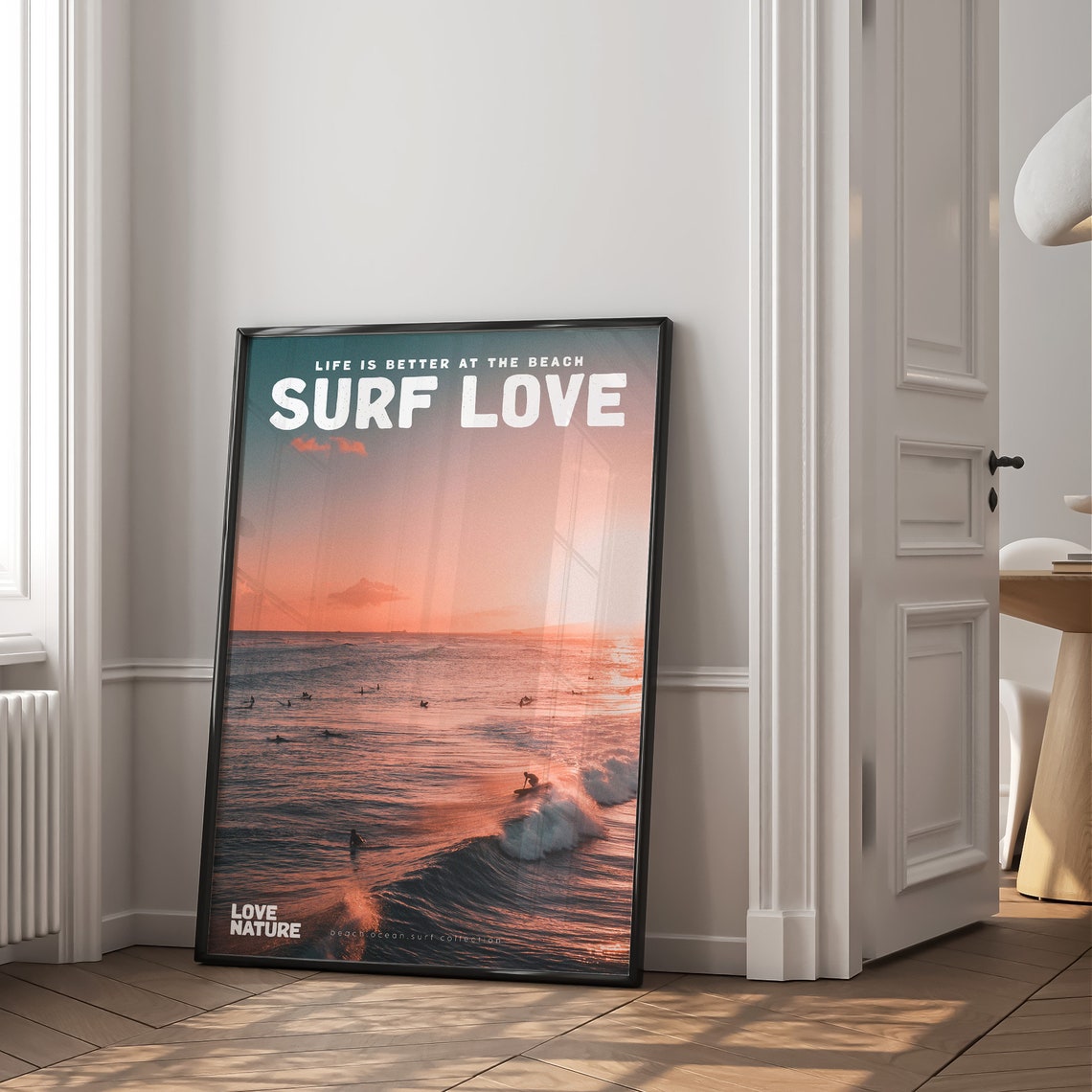 Surf Love Orange Sunset Crowded Surf Lineup Ocean Beach Poster - Image 3