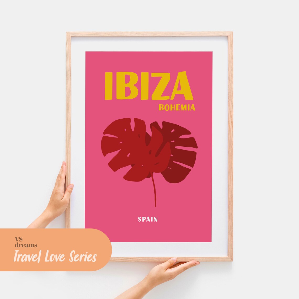Ibiza Bohemia Spain Red Monstera Leaf Pink Tropical Travel Art Poster