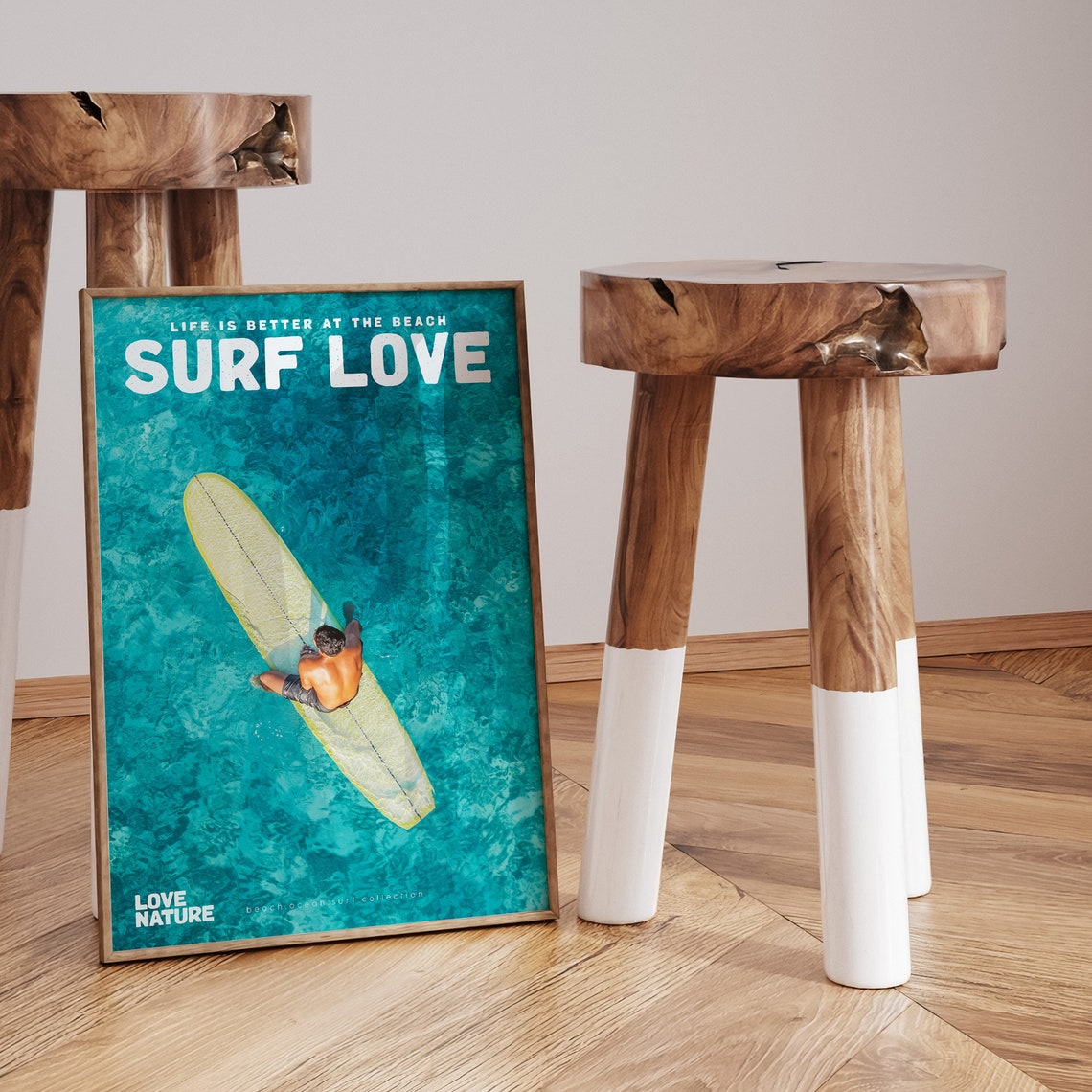 Surf Love Aerial Surfer On Longboard Clear Turquoise Sea Poster - Image 3