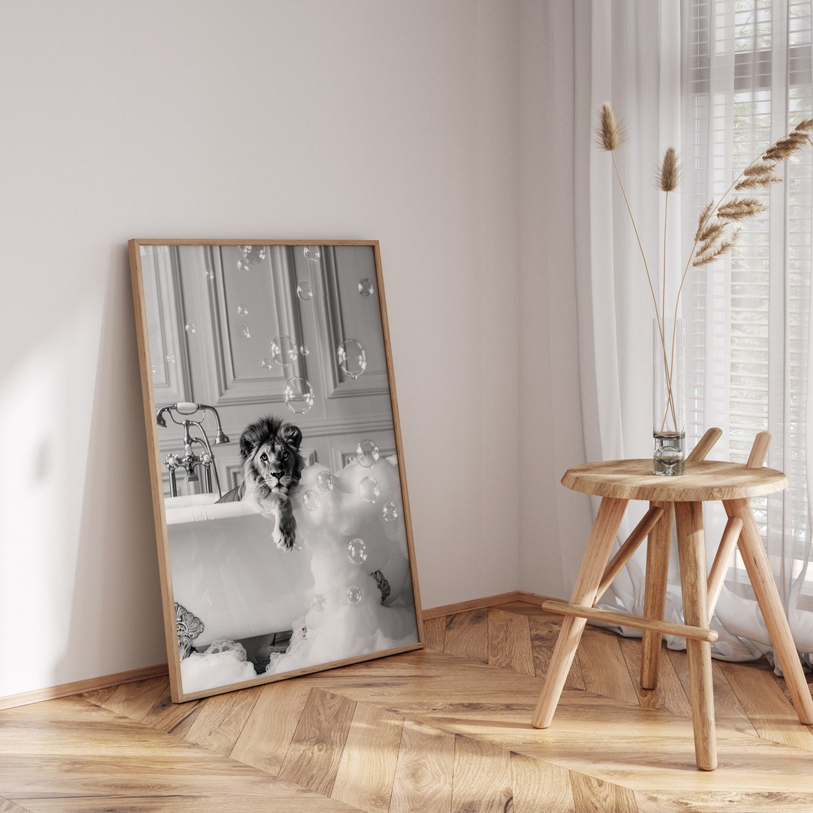 Lion Bubble Bath Black and White Funny Animal Bathroom Poster - Image 3