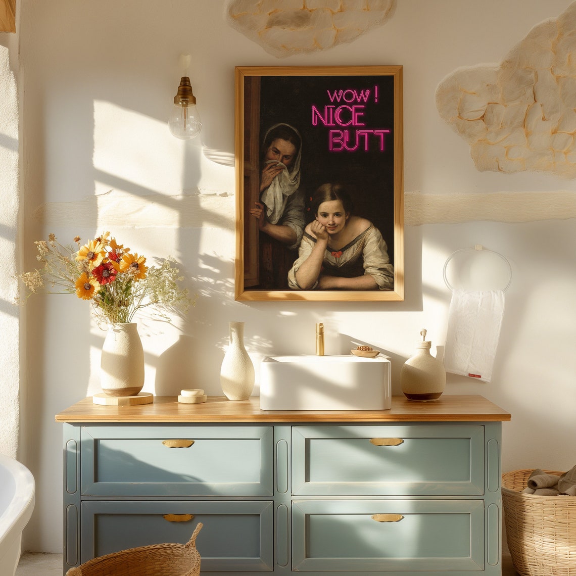 Wow Nice Butt Neon Sign Classical Oil Painting Funny Bathroom Poster - Image 2